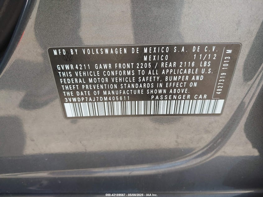 2013 VOLKSWAGEN JETTA VIN: 3VWDP7AJ7DM405611