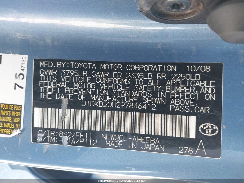 2009 TOYOTA PRIUS VIN: JTDKB20U297846412