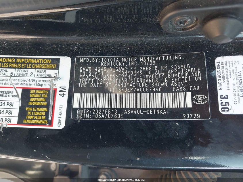 2010 TOYOTA CAMRY VIN: 4T1BF3EK7AU067946