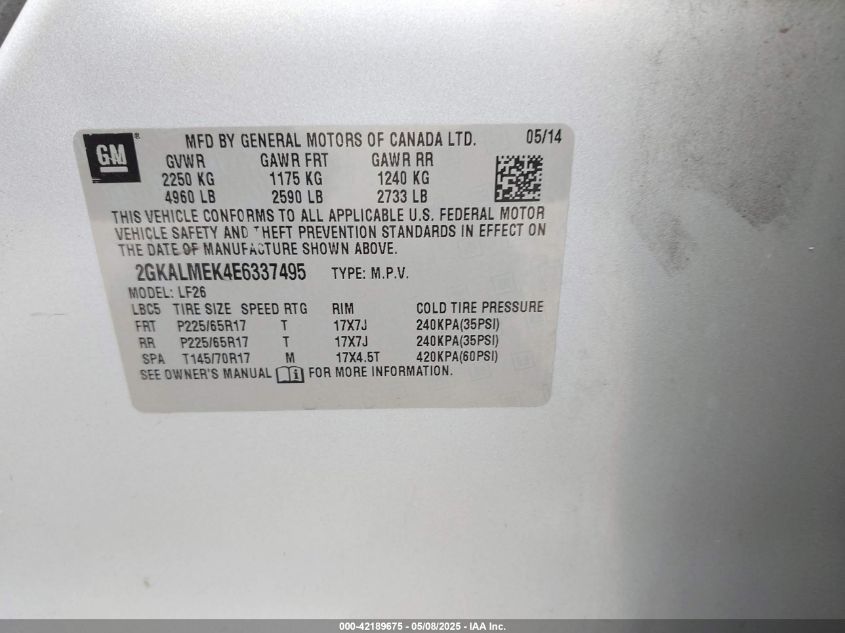 2014 GMC Terrain Sle-1 VIN: 2GKALMEK4E6337495 Lot: 42189675