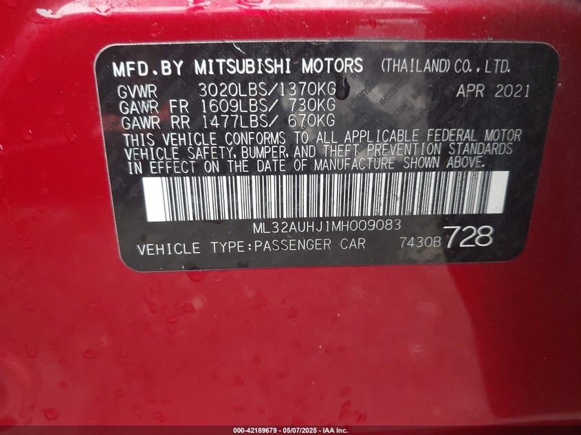 2021 MITSUBISHI MIRAGE VIN: ML32AUHJ1MH009083