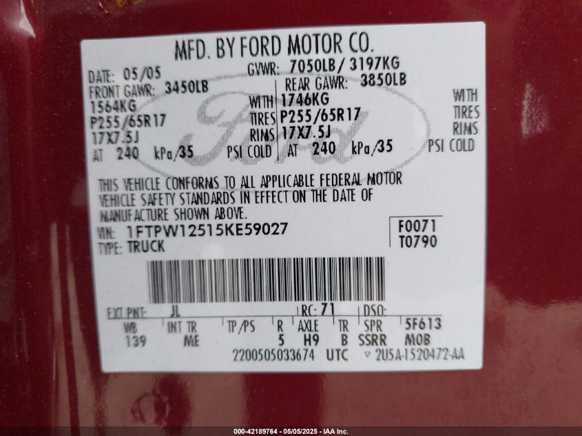 2005 Ford F-150 Lariat/Xlt VIN: 1FTPW12515KE59027 Lot: 42189764