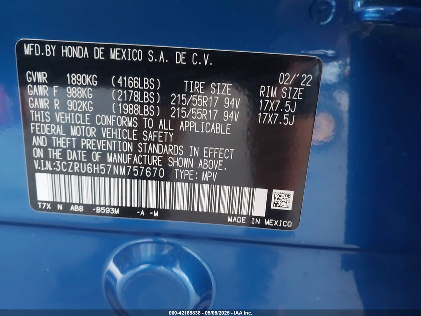 2022 HONDA HR-V VIN: 3CZRU6H57NM757670