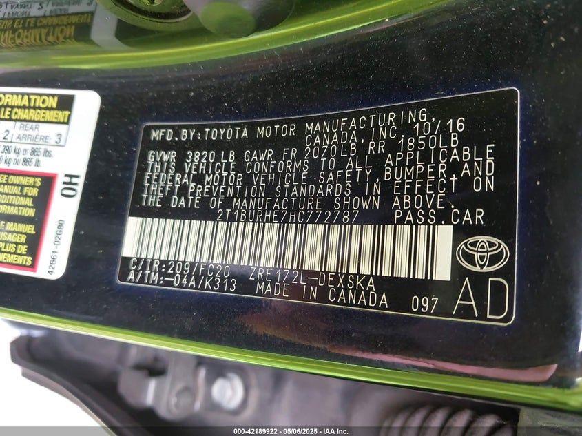 2017 TOYOTA COROLLA SE - 2T1BURHE7HC772787