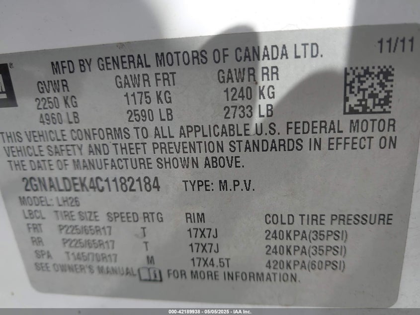 2012 CHEVROLET EQUINOX VIN: 2GNALDEK4C1182184