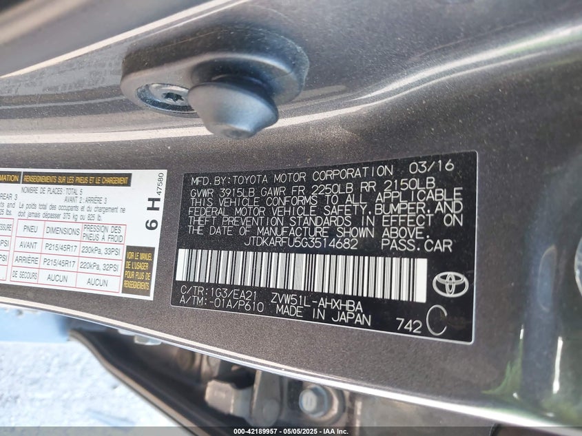 2016 TOYOTA PRIUS VIN: JTDKARFU5G3514682