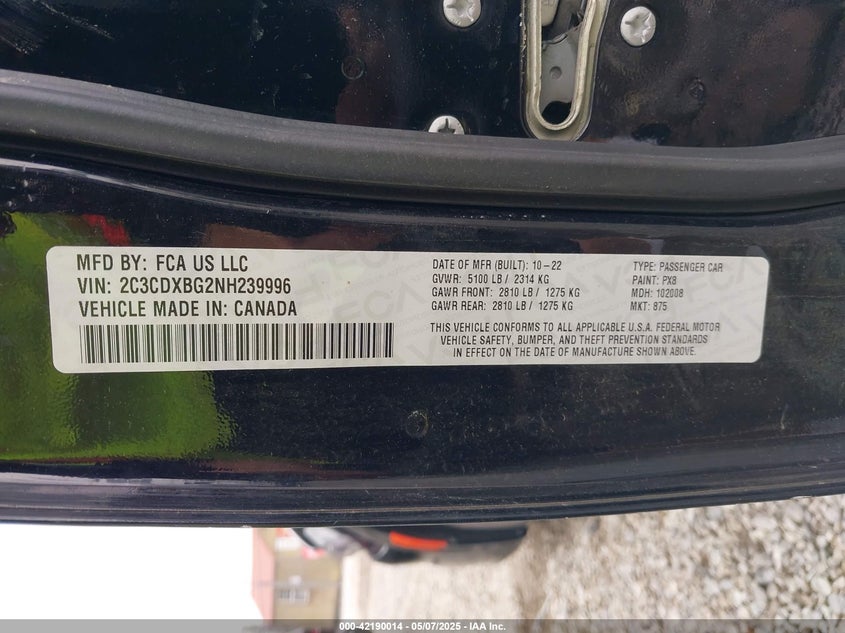 2022 Dodge Charger Sxt Rwd VIN: 2C3CDXBG2NH239996 Lot: 42190014