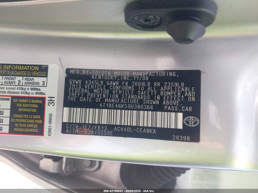 2009 TOYOTA CAMRY VIN: 4T1BE46K59U380366