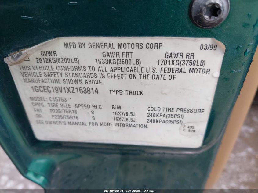 1999 Chevrolet Silverado 1500 Ls VIN: 1GCEC19V1XZ163814 Lot: 42190139