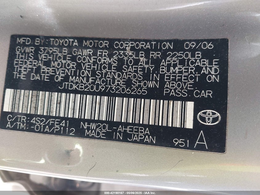 2007 TOYOTA PRIUS VIN: JTDKB20U973206265