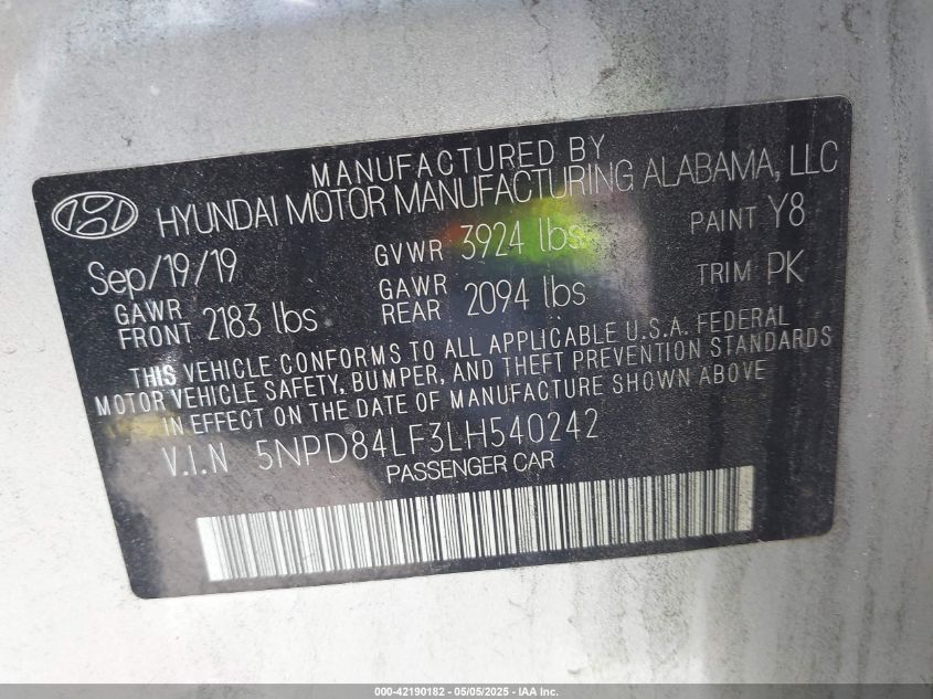 2020 Hyundai Elantra Sel/Value/Limited VIN: 5NPD84LF3LH540242 Lot: 42190182