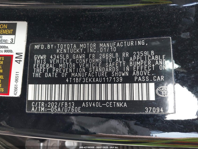 2010 TOYOTA CAMRY VIN: 4T1BF3EKXAU117139