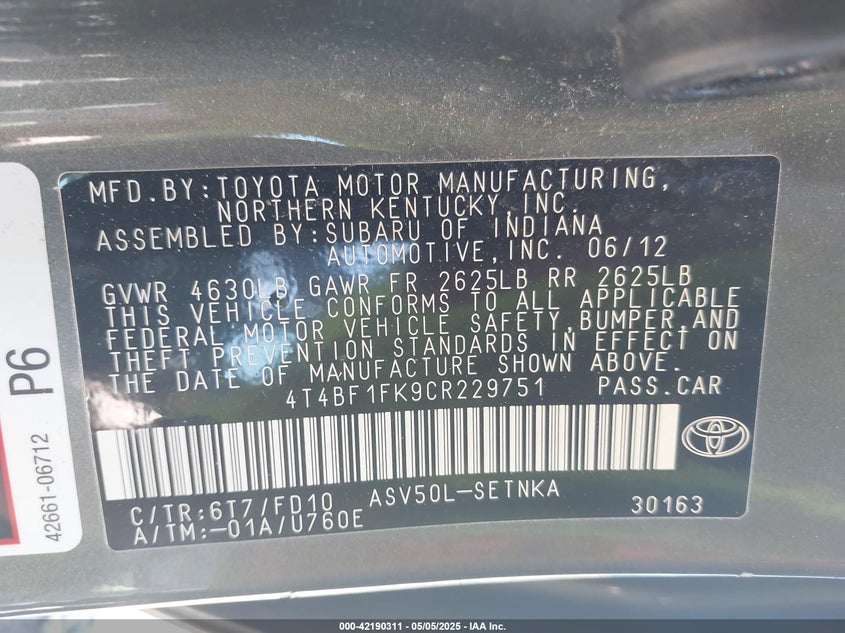 2012 TOYOTA CAMRY VIN: 4T4BF1FK9CR229751