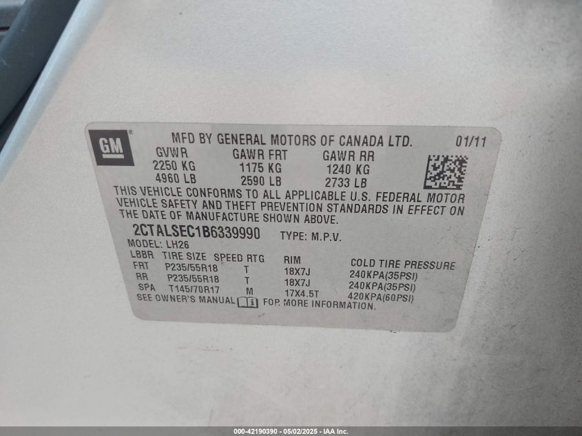 2011 GMC Terrain Sle-2 VIN: 2CTALSEC1B6339990 Lot: 42190390