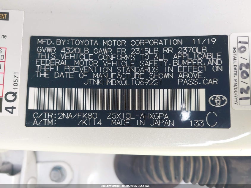 2020 TOYOTA C-HR VIN: JTNKHMBX0L1069221