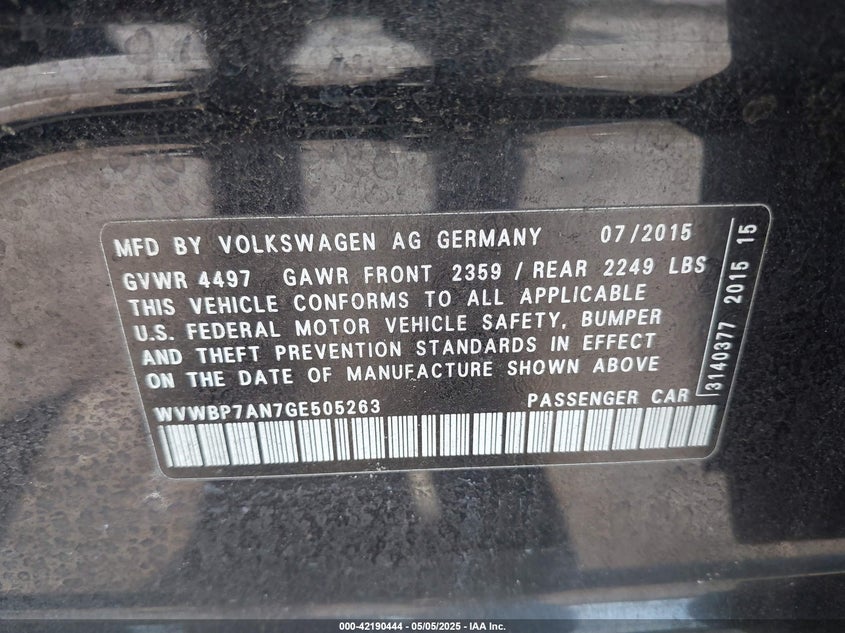 2016 VOLKSWAGEN CC VIN: WVWBP7AN7GE505263