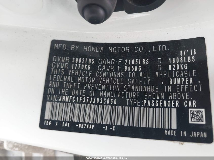 2018 Honda Civic Ex-T VIN: JHMFC1F37JX033660 Lot: 42190445
