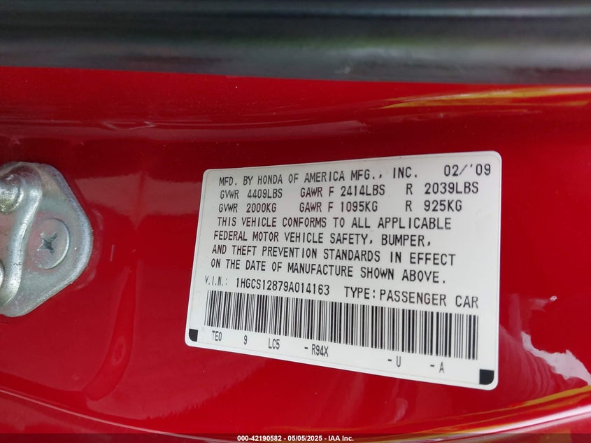 2009 HONDA ACCORD VIN: 1HGCS12879A014163