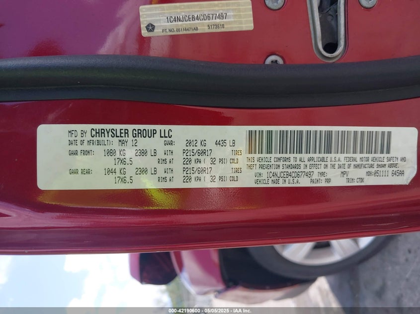 2012 JEEP COMPASS VIN: 1C4NJCEB4CD677497
