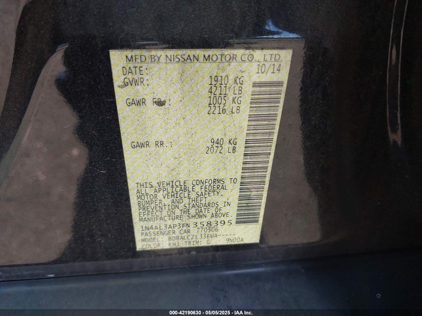 2015 NISSAN ALTIMA VIN: 1N4AL3AP3FN358395