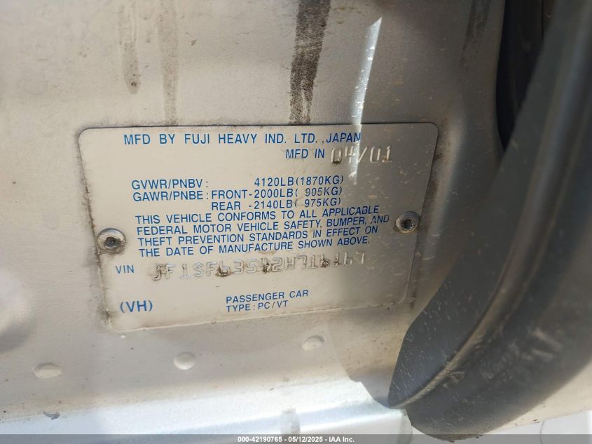 2002 Subaru Forester L VIN: JF1SF63542H716167 Lot: 42190765