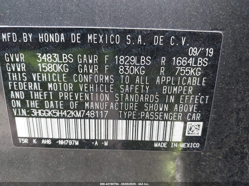 2019 HONDA FIT VIN: 3HGGK5H42KM748117
