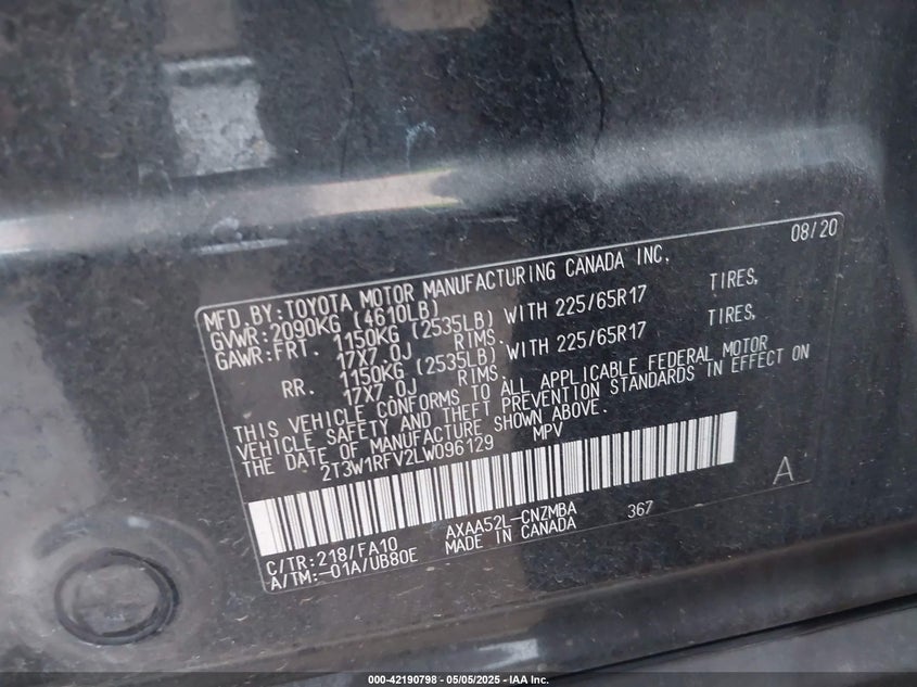 2020 TOYOTA RAV4 VIN: 2T3W1RFV2LW096129