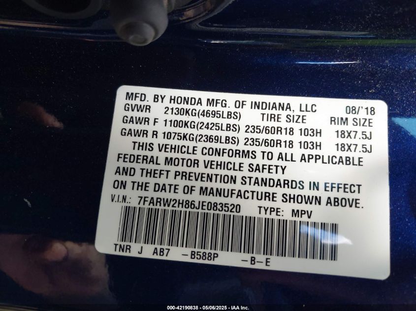 2018 HONDA CR-V EX-L/EX-L NAVI - 7FARW2H86JE083520