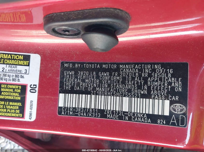 VIN 2T1BURHE5HC755521 2017 TOYOTA COROLLA LE