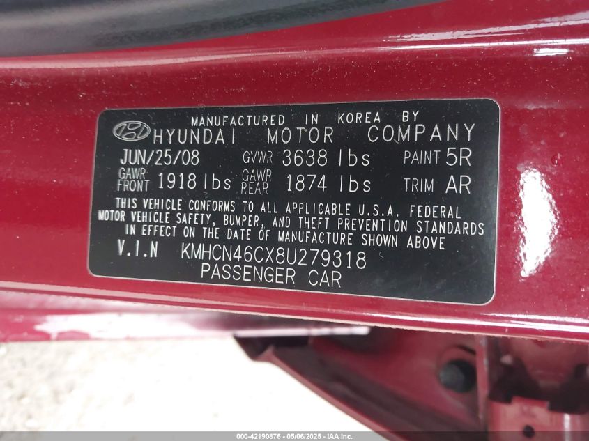 2008 Hyundai Accent Gls VIN: KMHCN46CX8U279318 Lot: 42190876