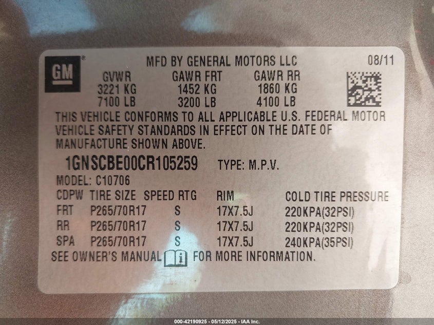 2012 CHEVROLET TAHOE VIN: 1GNSCBE00CR105259