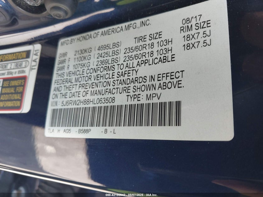 2017 HONDA CR-V - 5J6RW2H88HL063508