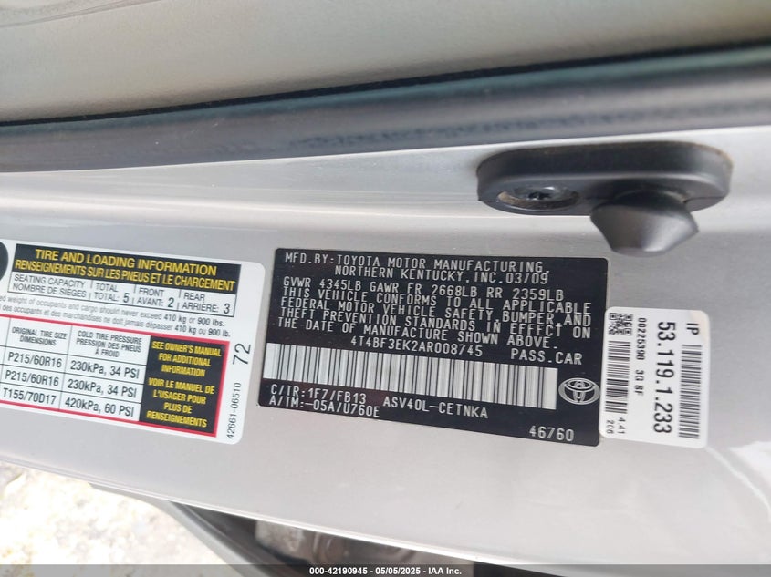 2010 TOYOTA CAMRY VIN: 4T4BF3EK2AR008745