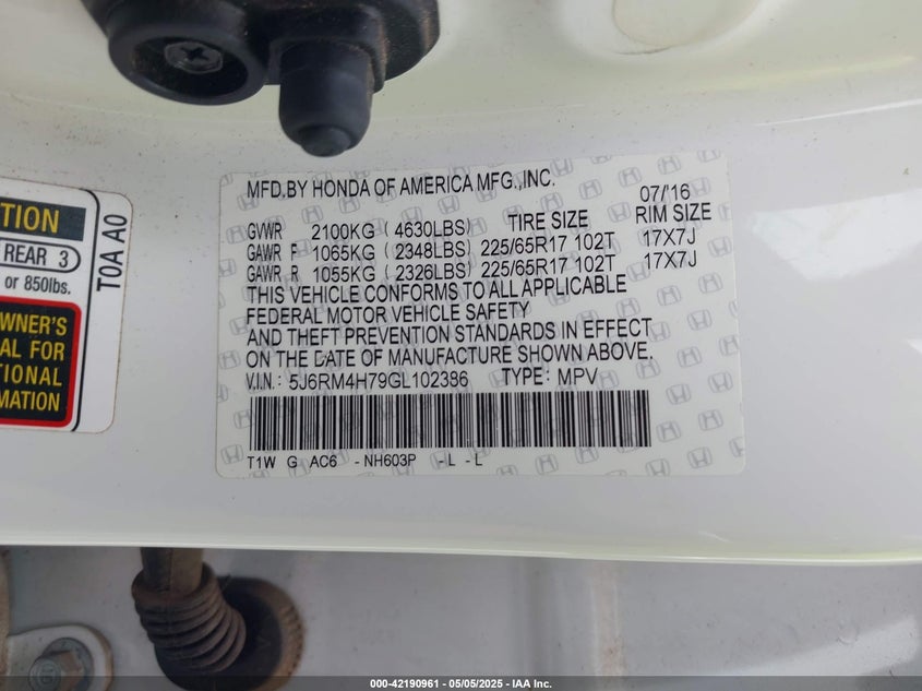 2016 HONDA CR-V EX-L - 5J6RM4H79GL102386