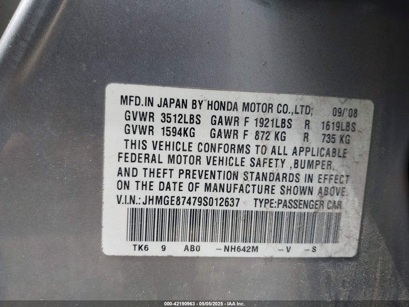 2009 HONDA FIT VIN: JHMGE87479S012637