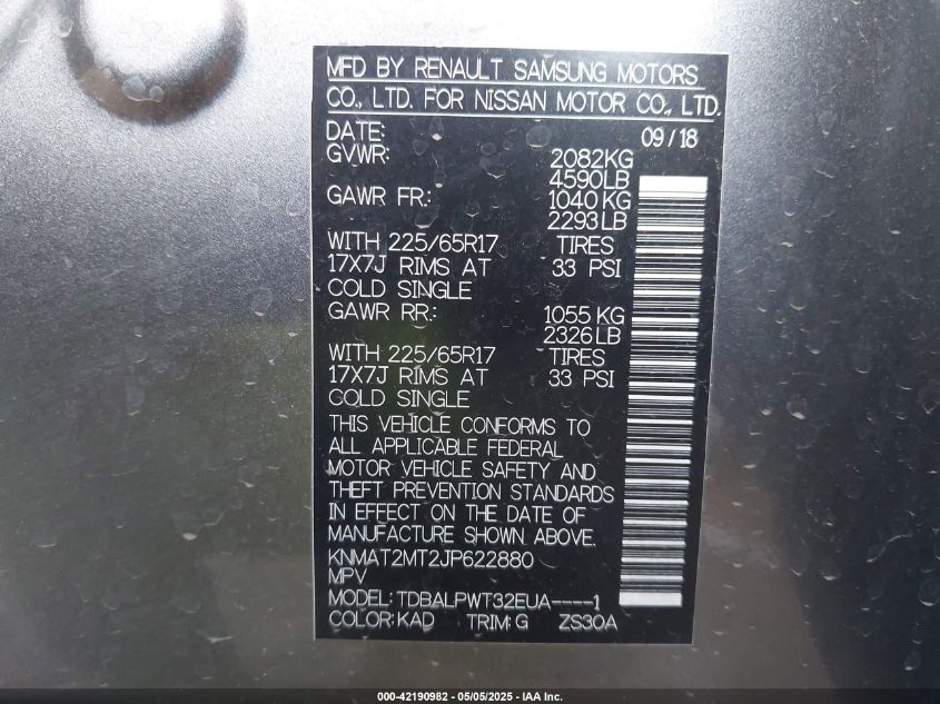 2018 Nissan Rogue S VIN: KNMAT2MT2JP622880 Lot: 42190982