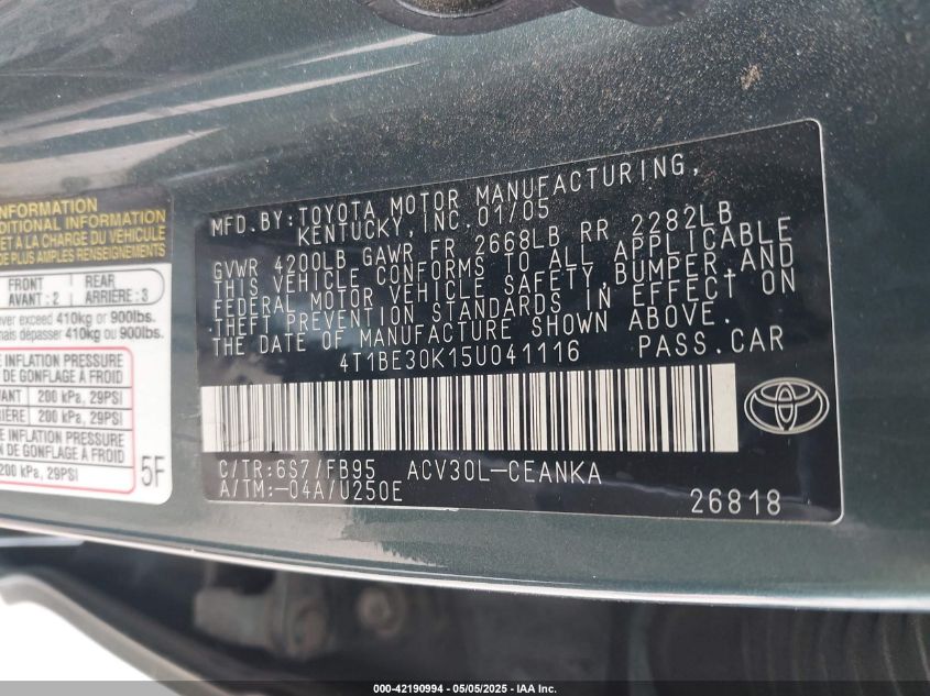 2005 Toyota Camry Le VIN: 4T1BE30K15U041116 Lot: 42190994