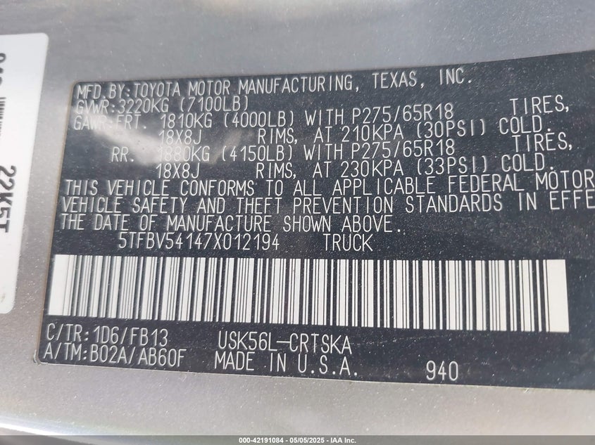 2007 TOYOTA TUNDRA VIN: 5TFBV54147X012194