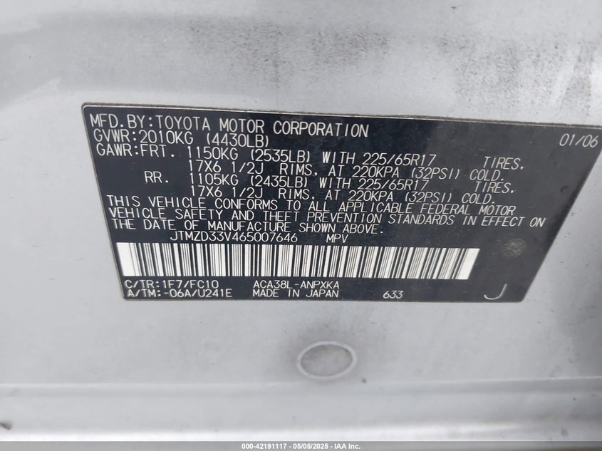 2006 TOYOTA RAV4 VIN: JTMZD33V465007646