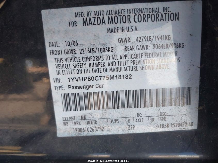 2007 Mazda Mazda6 I Sport Ve VIN: 1YVHP80C775M18182 Lot: 42191141