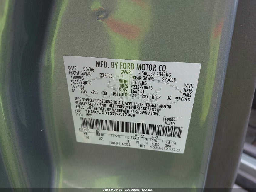 2007 FORD ESCAPE VIN: 1FMCU03137KA12966