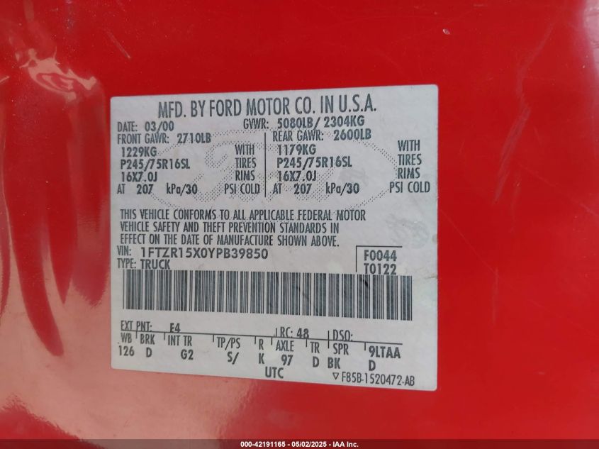 2000 Ford Ranger Xlt VIN: 1FTZR15X0YPB39850 Lot: 42191165