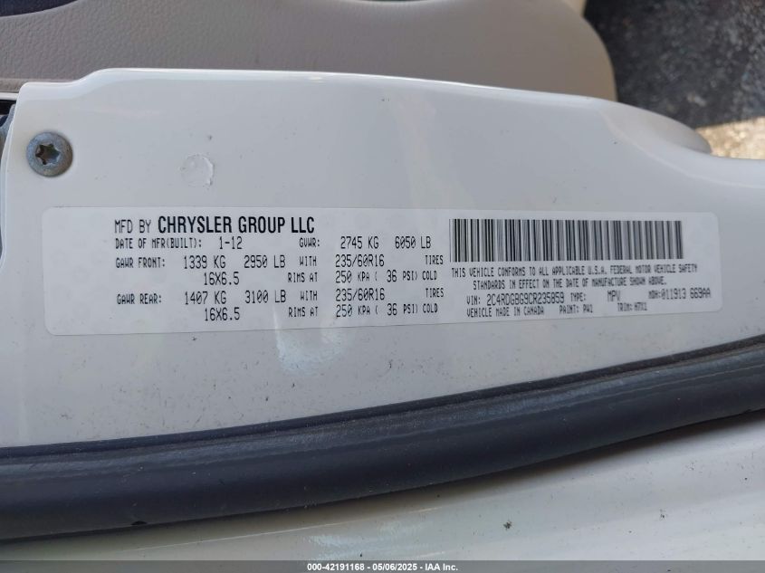 2012 Dodge Grand Caravan Se/Avp VIN: 2C4RDGBG9CR235859 Lot: 42191168