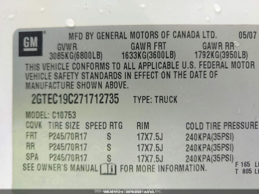 2007 GMC Sierra 1500 Work Truck VIN: 2GTEC19C271712735 Lot: 42191210