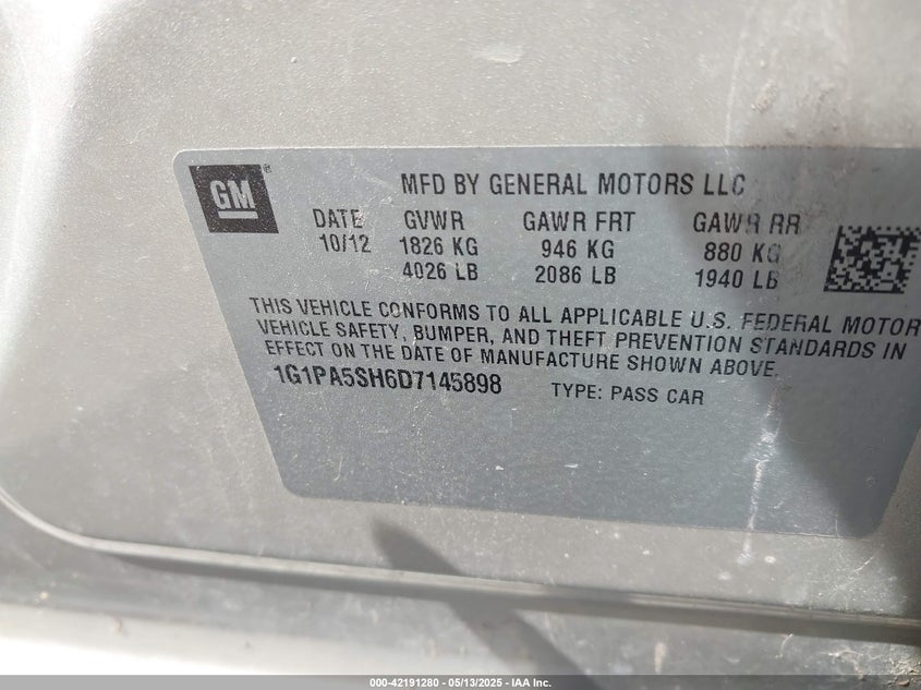 2013 CHEVROLET CRUZE VIN: 1G1PA5SH6D7145898