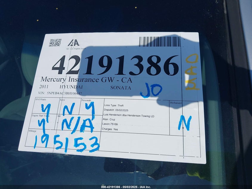 2011 HYUNDAI SONATA VIN: 5NPEB4AC3BH106447