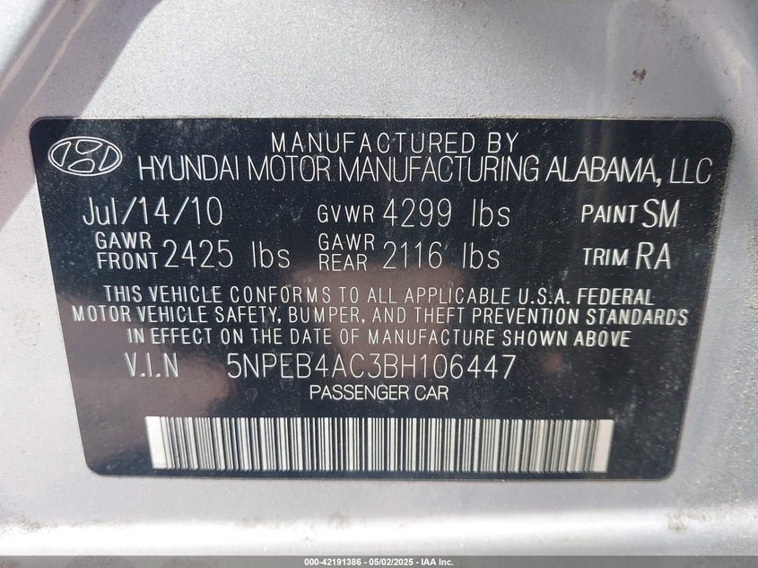 2011 HYUNDAI SONATA VIN: 5NPEB4AC3BH106447