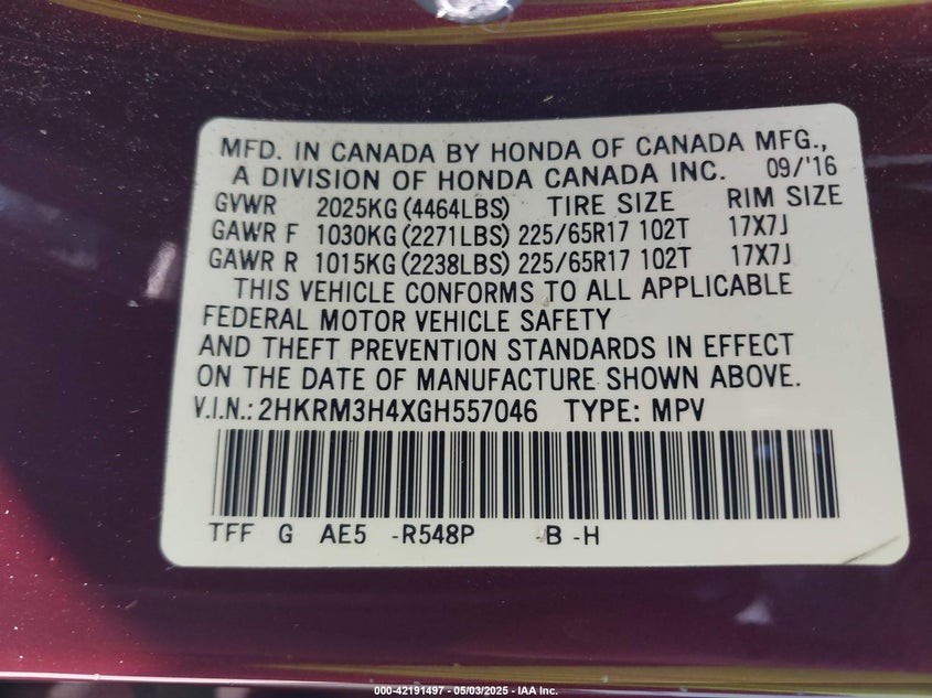 2016 HONDA CR-V VIN: 2HKRM3H4XGH557046