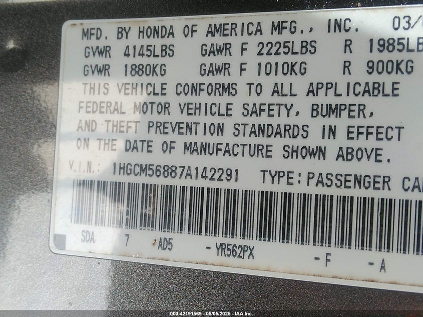 2007 HONDA ACCORD VIN: 1HGCM56887A142291