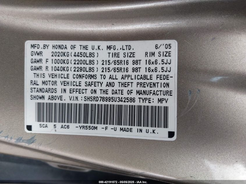 2005 Honda Cr-V Se VIN: SHSRD78995U342586 Lot: 42191572